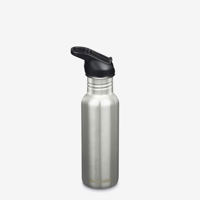 Brushed Stainless Klean Kanteen 18oz Classic with Flip Seal Sport Cap, showcasing metal build and climate controlled interior