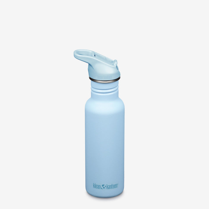 Klean Kanteen 18oz Classic with Flip Seal Sport Cap in Clear Sky, highlighting durable metal body and vacuum seal top
