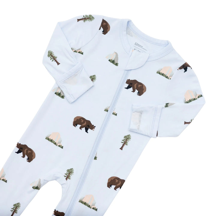 Yosemite print turns bedtime into smiles with bamboo footie pajamas comfort.