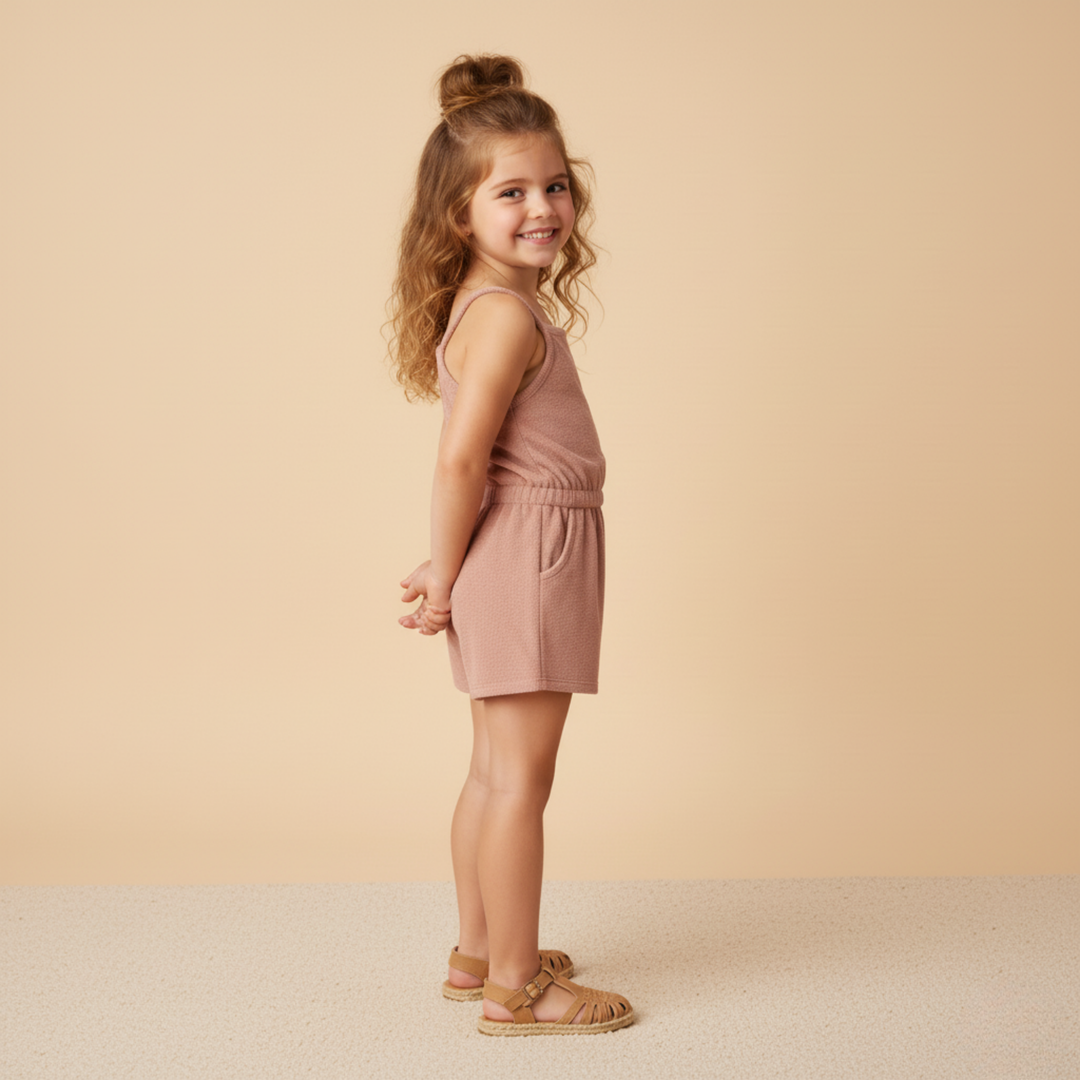 Clay organic cotton tank romper back view - MakeMake Organics pull-on toddler romper