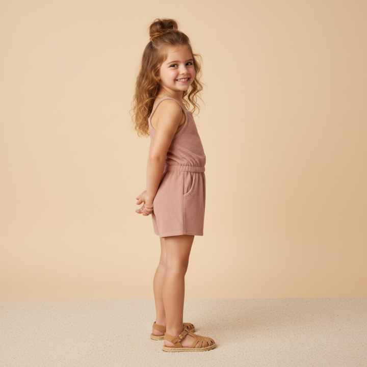 Clay organic cotton tank romper back view - MakeMake Organics pull-on toddler romper