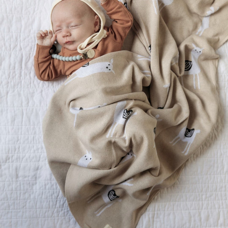 Bleu La La Knit Llama Swaddle in Camel warm, durable, and machine washable blanket for newborn