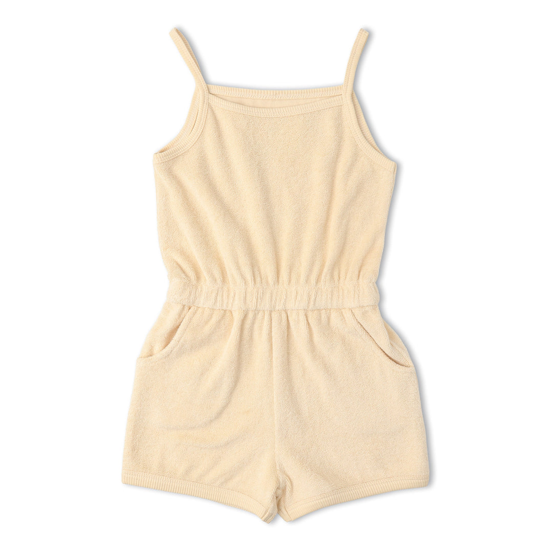 Toddler wearing MakeMake Organics Butter Yellow Tank Romper - soft organic terry one-piece