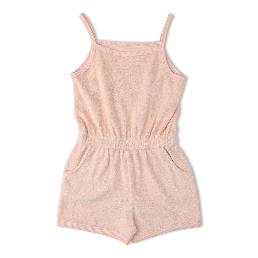 Baby wearing MakeMake Organics Blush Tank Romper - feminine organic cotton warm-weather one-piece
