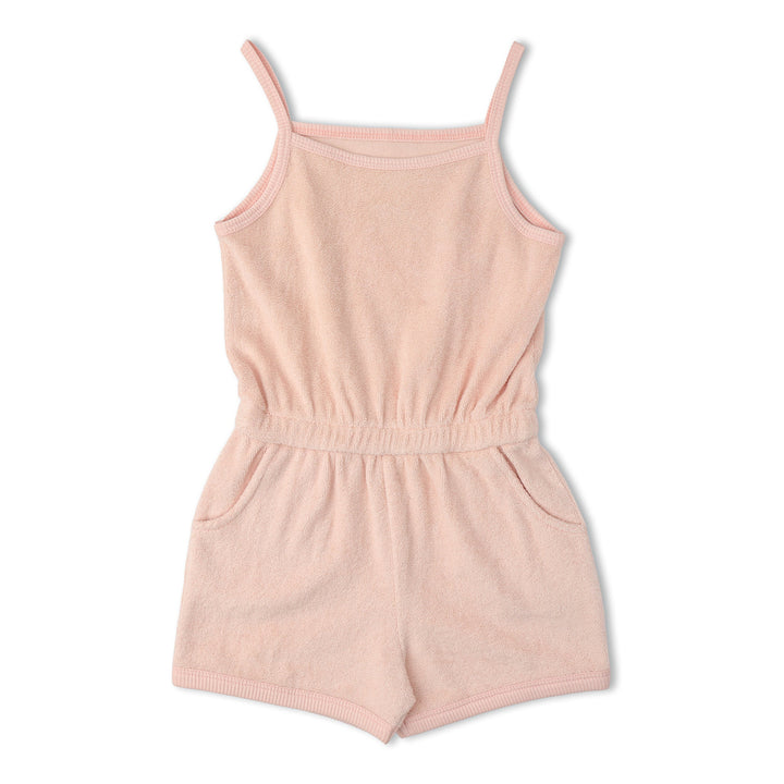 Baby wearing MakeMake Organics Blush Tank Romper - feminine organic cotton warm-weather one-piece