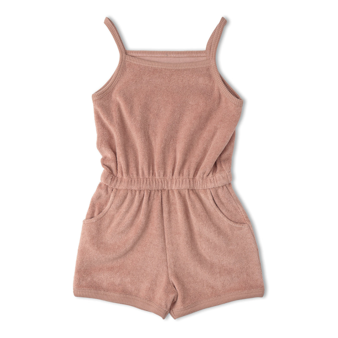 Toddler in MakeMake Organics Clay Tank Romper - soft organic terry fabric warm-weather one-piece