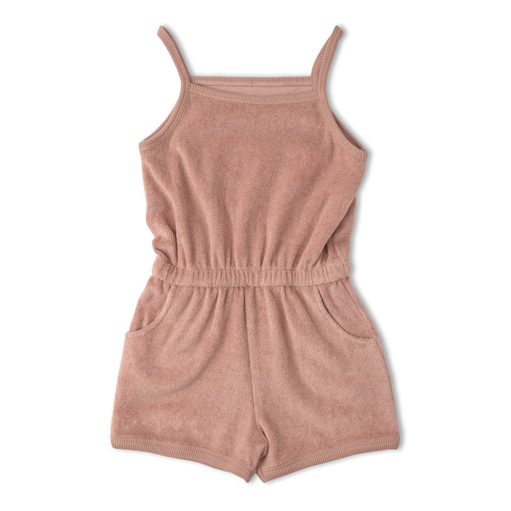 Toddler in MakeMake Organics Clay Tank Romper - soft organic terry fabric warm-weather one-piece