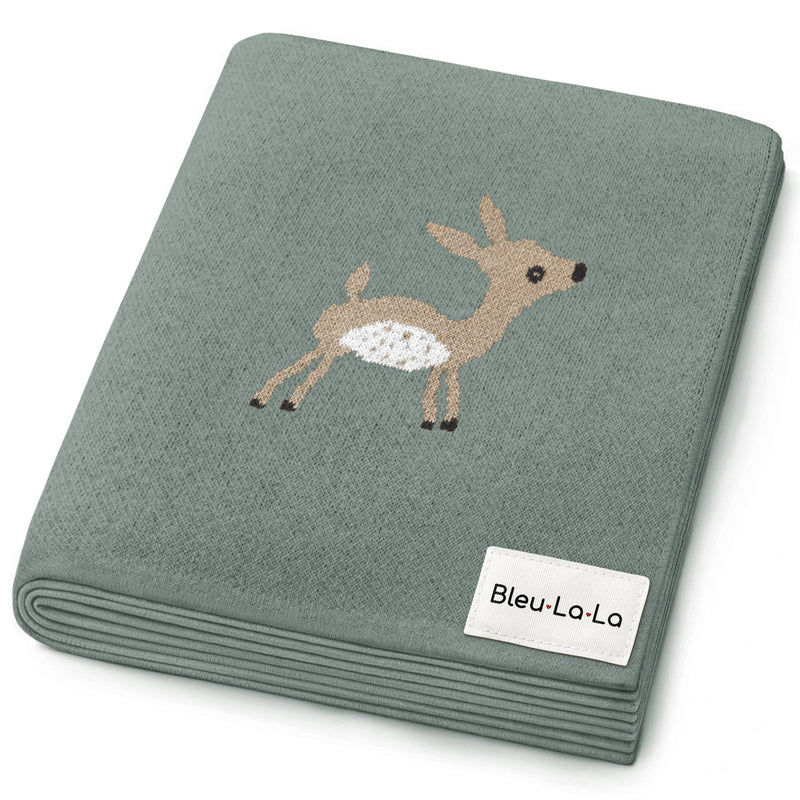 Bleu La La deer knit swaddle blanket folded in sage green, soft cotton baby blanket with woodland deer design