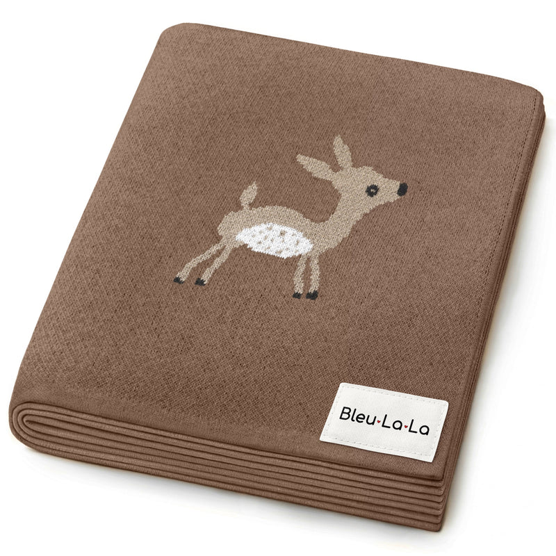 Folded Bleu La La deer knit blanket in a warm neutral tone, cozy cotton swaddle for newborn comfort