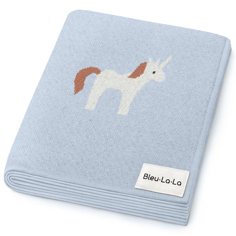 Gray Bleu La La knit unicorn blanket folded neatly, cozy cotton baby blanket for everyday use