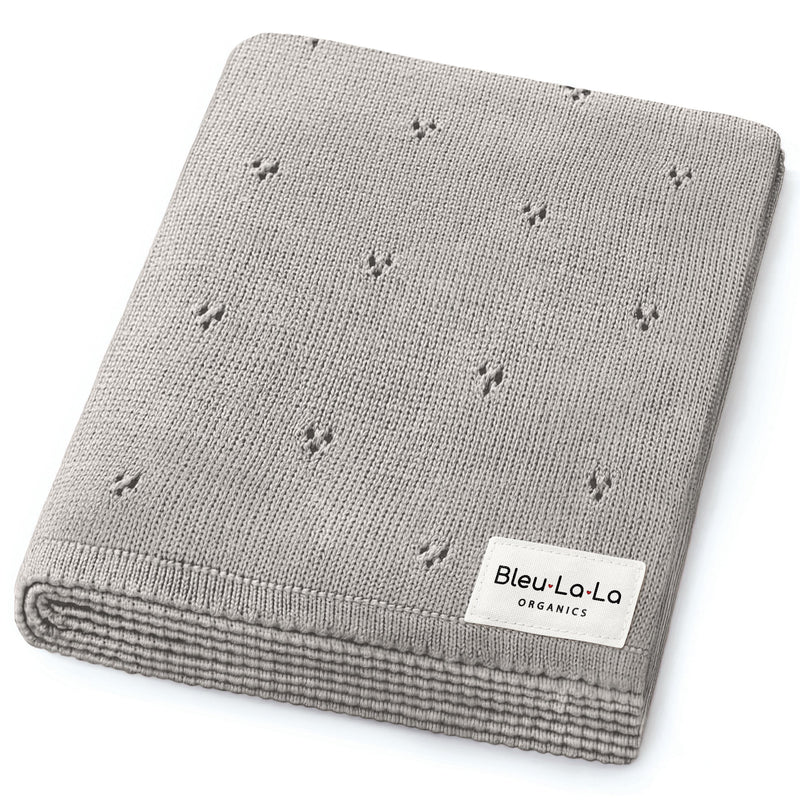 Bleu La La Organic Pointelle Luxury Knit Swaddle Blanket in dove gray, folded to show lightweight breathable construction.