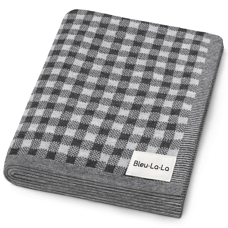 Olive Bleu La La checkered knit baby blanket folded flat, soft knit cotton for everyday baby comfort