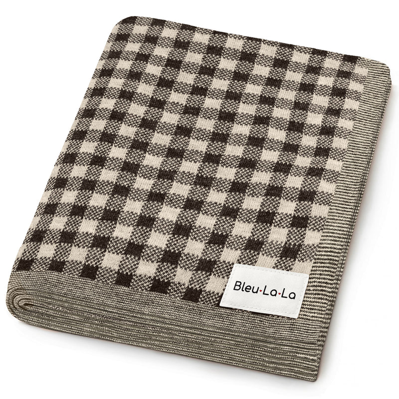 Cream Bleu La La checkered knit baby blanket folded and layered, timeless baby blanket for gifting