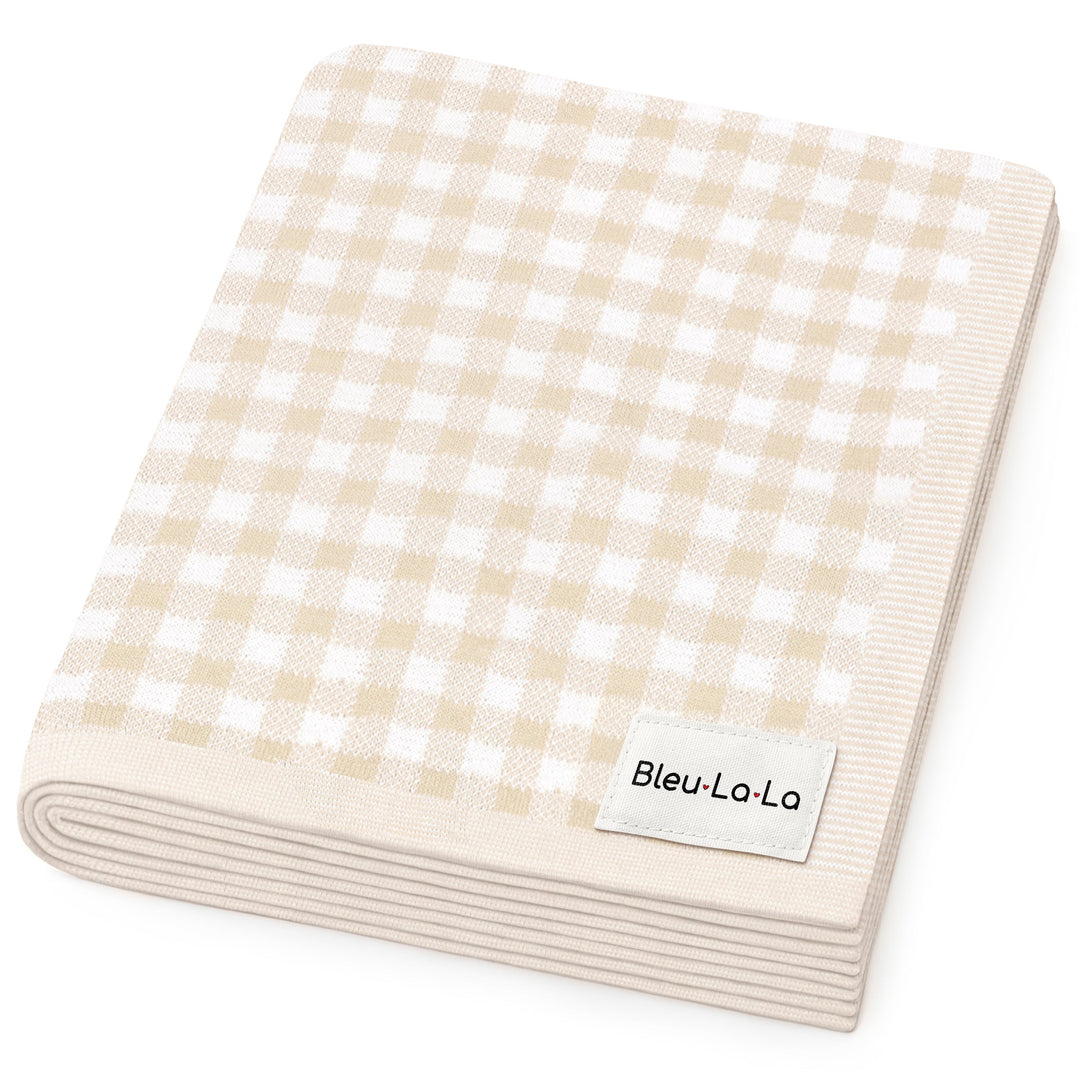 Bleu La La checkered knit baby blanket folded neatly, soft cotton blanket with classic neutral gingham pattern