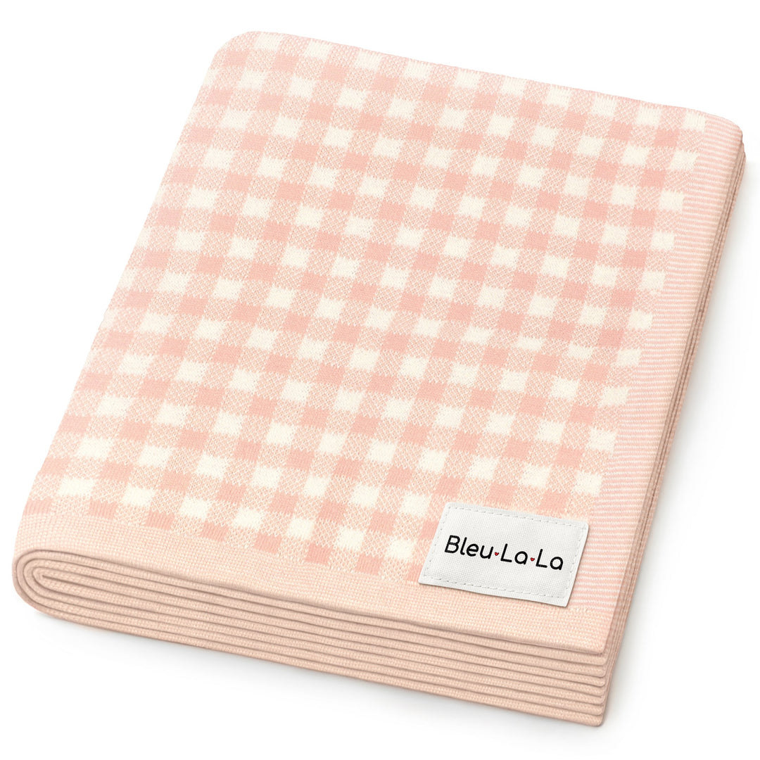 Gray Bleu La La checkered knit baby blanket folded neatly, classic neutral cotton knit design
