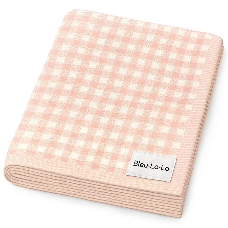 Gray Bleu La La checkered knit baby blanket folded neatly, classic neutral cotton knit design