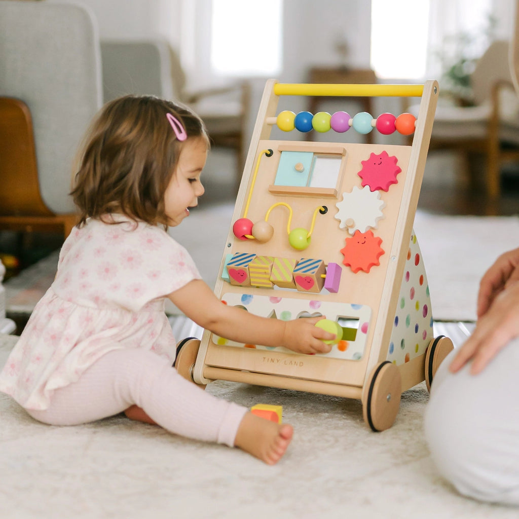 Tiny Land® Premium Natural Wooden Activity Walker Adjustable for Any Age, infant to toddler