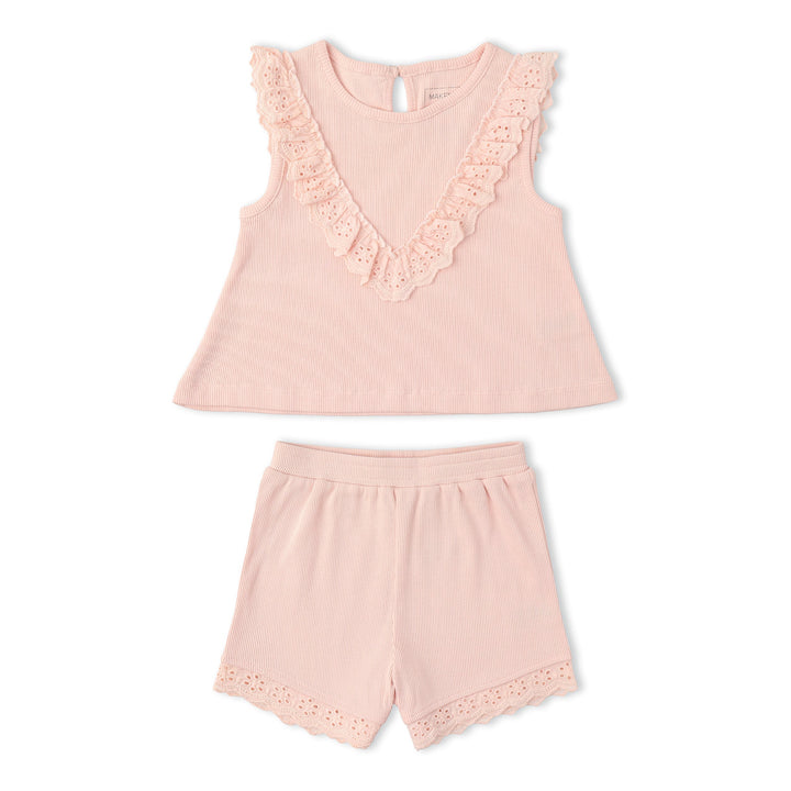 Toddler wearing MakeMake Organics Blush Ruffle Set - organic cotton ruffled matching baby outfit