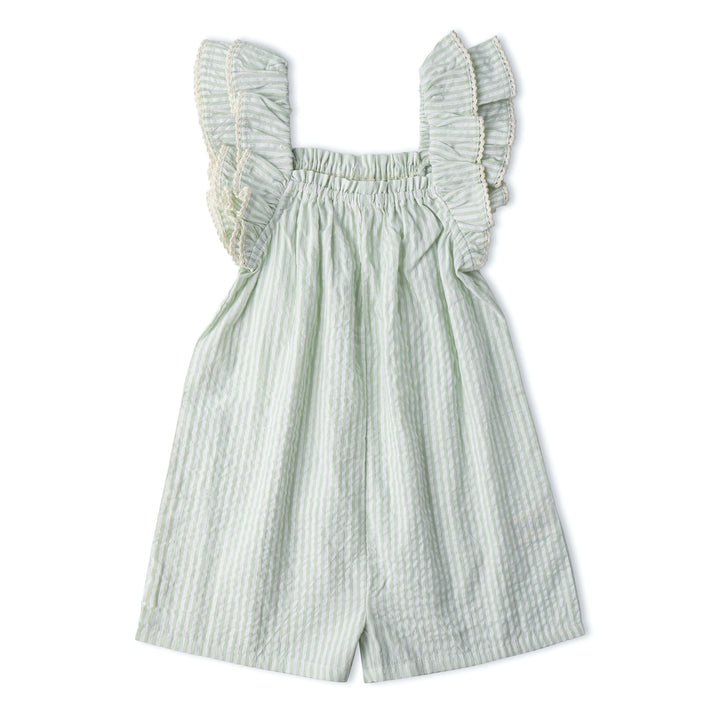 Toddler wearing MakeMake Organics Basil Stripe Flutter Jumpsuit - organic cotton ruffled one-piece