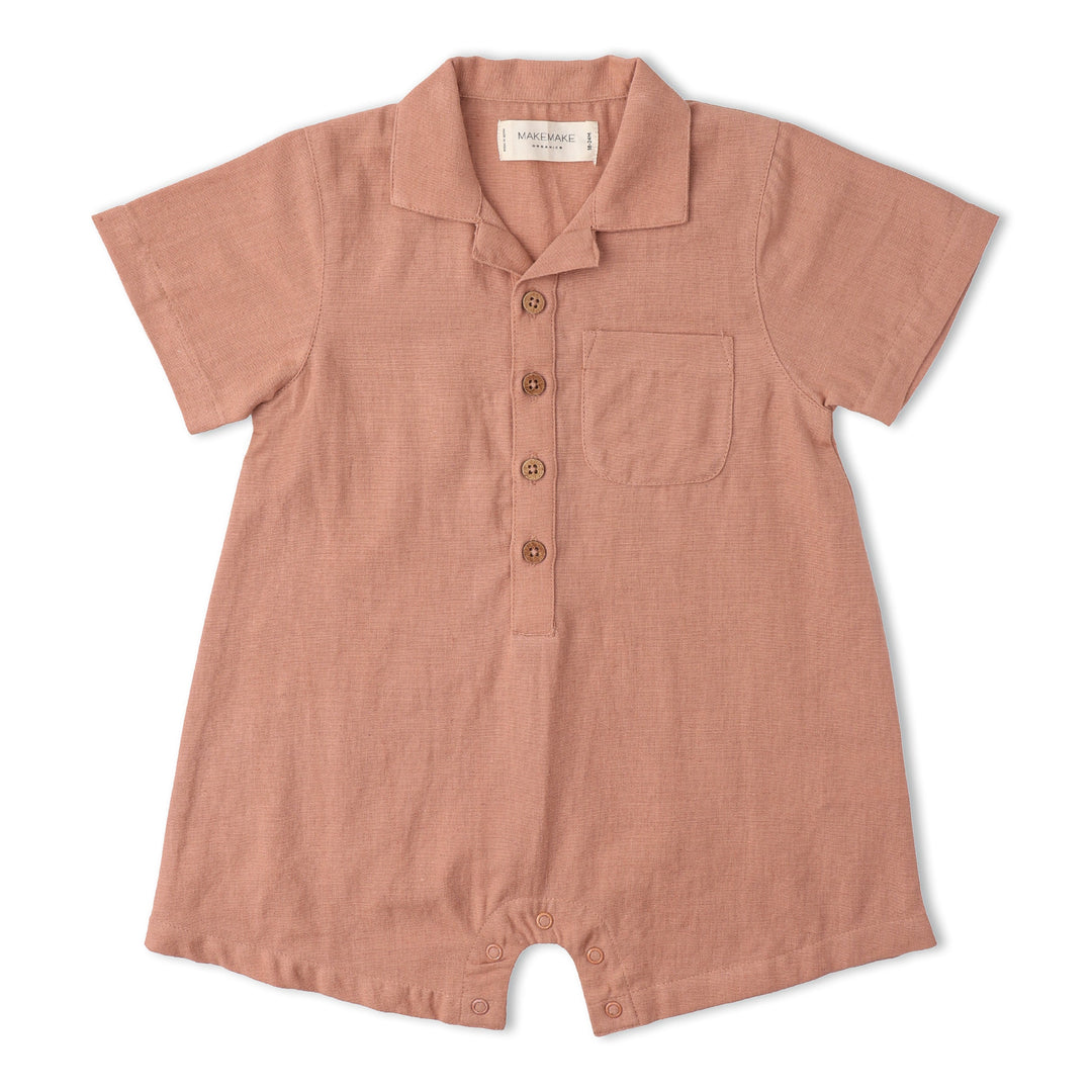 Baby wearing MakeMake Organics Clay Collared Romper - tailored organic cotton infant one-piece