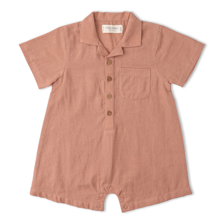 Baby wearing MakeMake Organics Clay Collared Romper - tailored organic cotton infant one-piece
