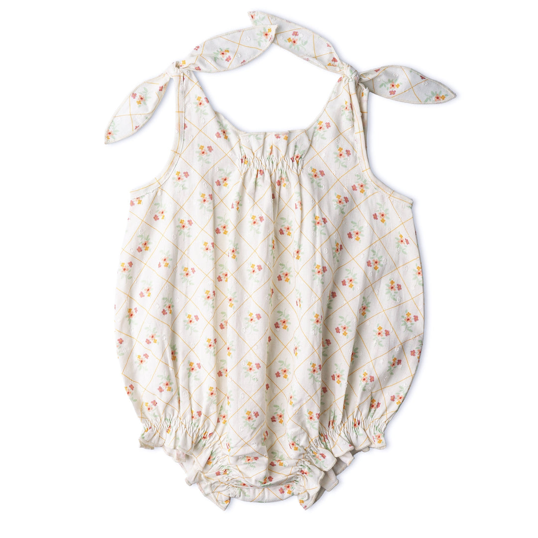 Baby wearing MakeMake Organics Spring Weave Tie Shoulder Romper - GOTS certified infant romper