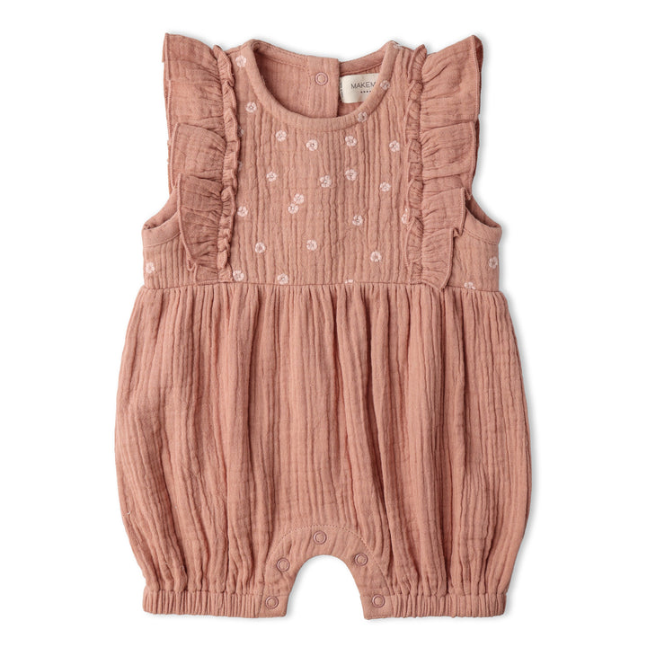 Baby wearing MakeMake Organics Clay Embroidered Romper - handcrafted ruffled organic infant outfit