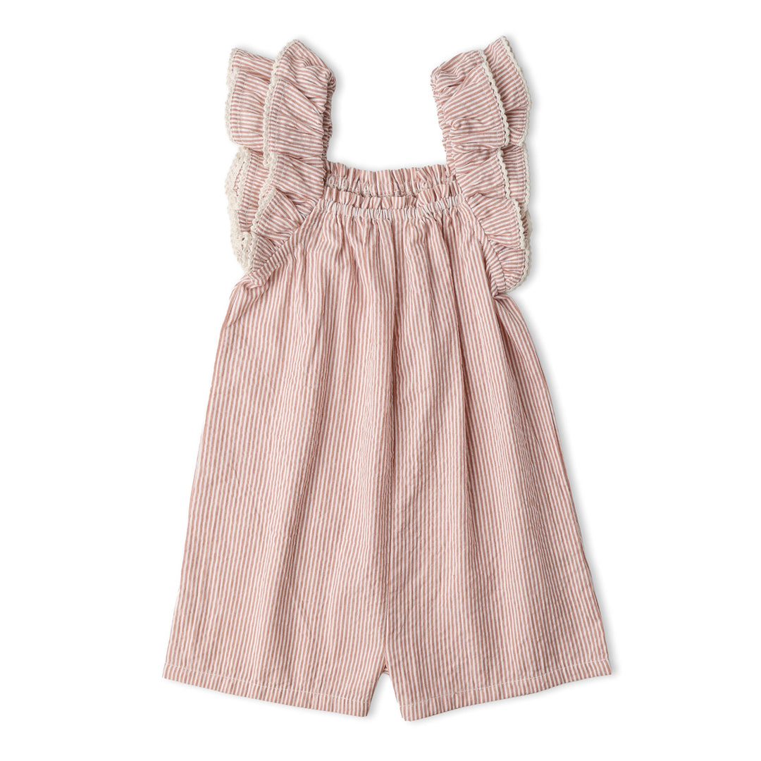 Toddler in MakeMake Organics Coral Stripe Flutter Jumpsuit - organic cotton flutter sleeve one-piece