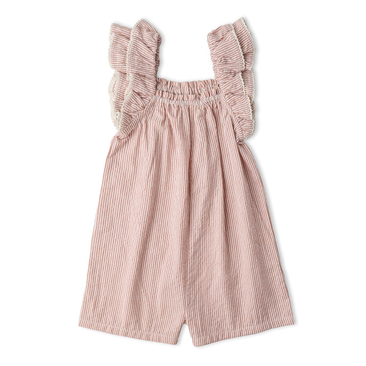 Toddler in MakeMake Organics Coral Stripe Flutter Jumpsuit - organic cotton flutter sleeve one-piece
