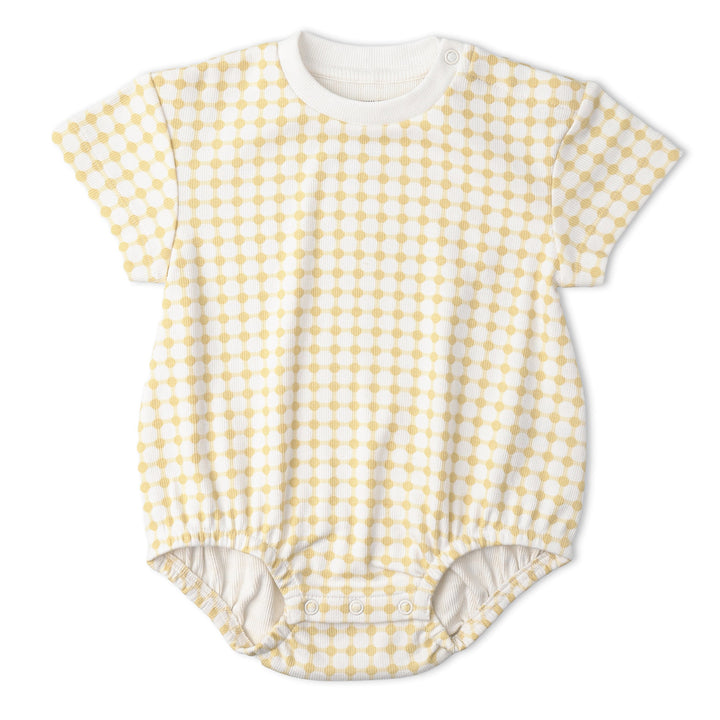 Baby in MakeMake Organics Dotty Gingham Bubble Romper - GOTS certified gingham infant one-piece