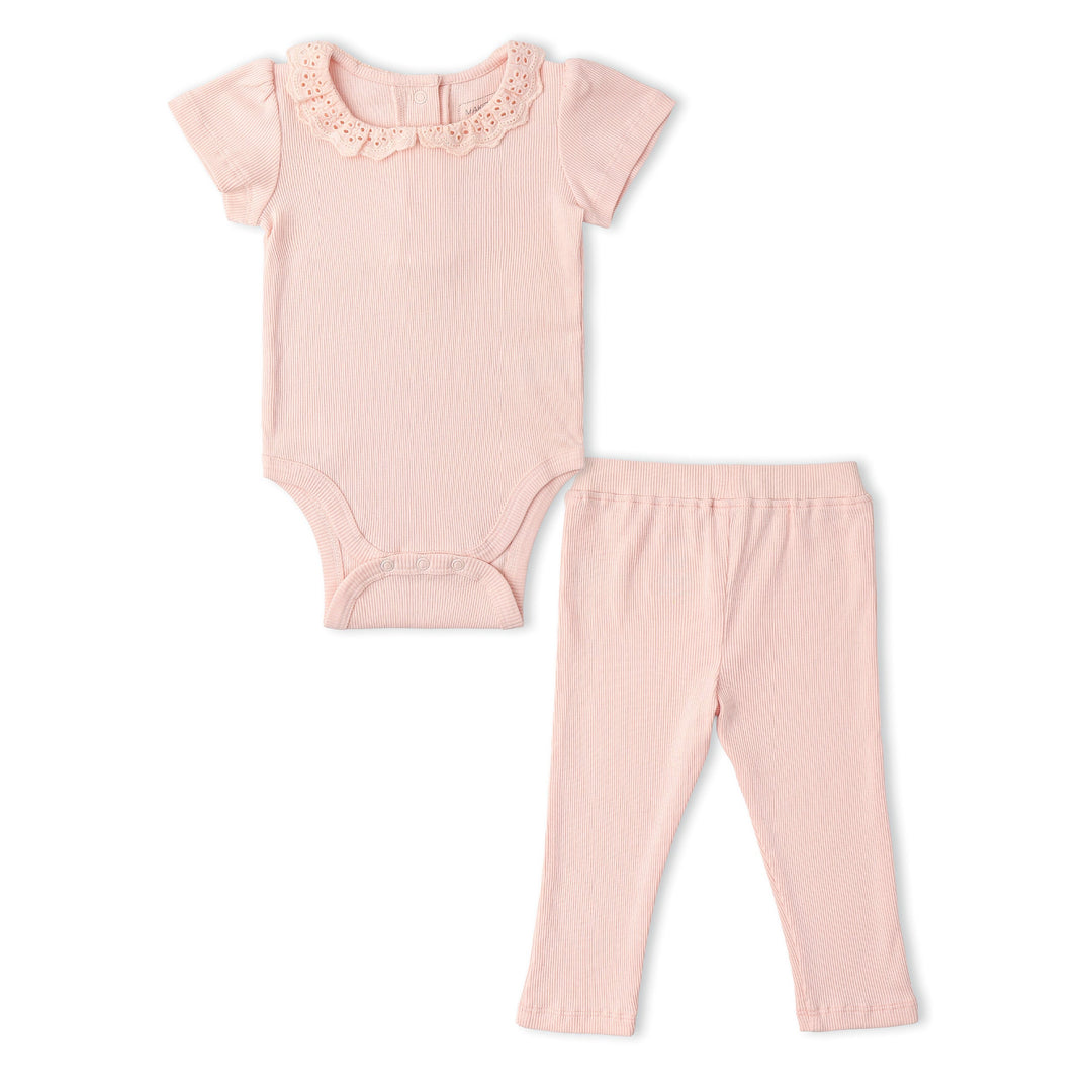 Baby wearing MakeMake Organics Blush Lace Collar Set - GOTS certified organic infant onesie set