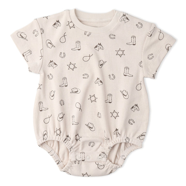 Baby wearing MakeMake Organics Rodeo Bubble Romper - GOTS certified graphic print infant one-piece