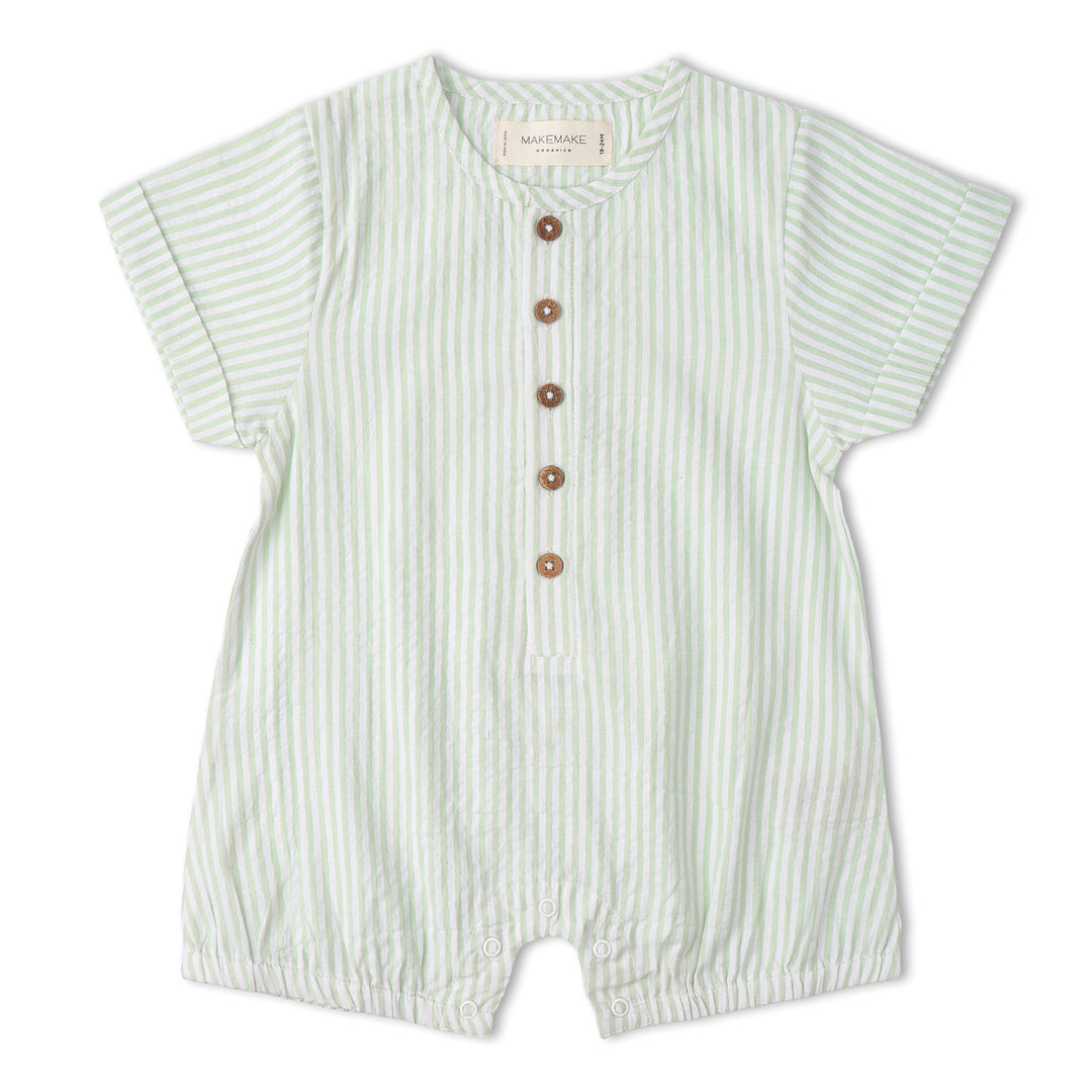 Baby wearing MakeMake Organics Basil Stripe Bubble Romper - organic cotton one-piece for infants