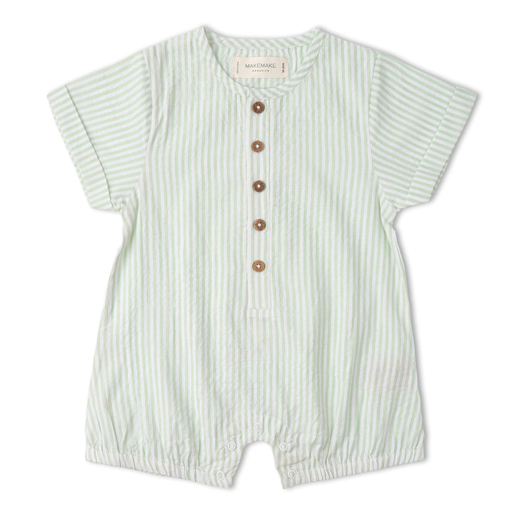Baby wearing MakeMake Organics Basil Stripe Bubble Romper - organic cotton one-piece for infants