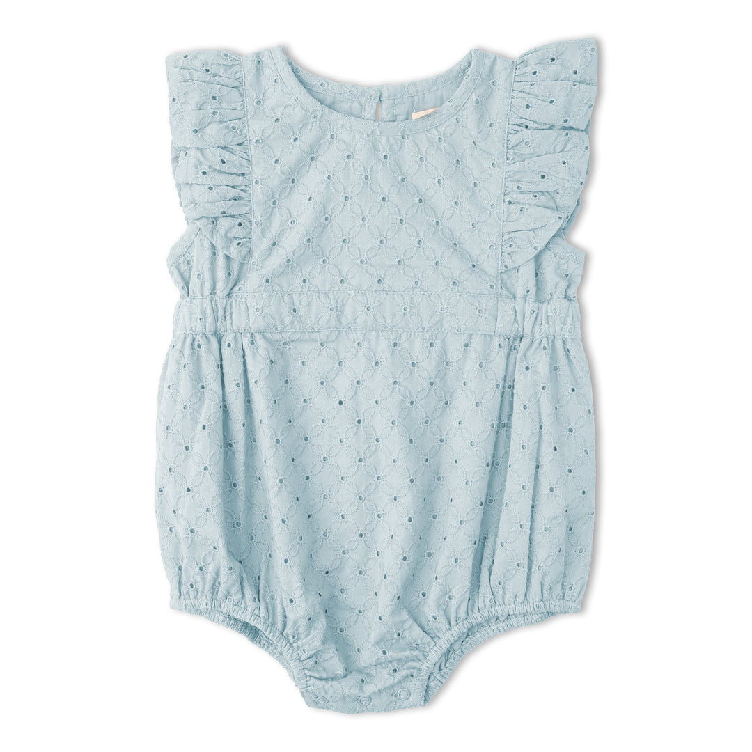 Baby in MakeMake Organics Light Blue Eyelet Romper - airy flutter sleeve organic infant one-piece