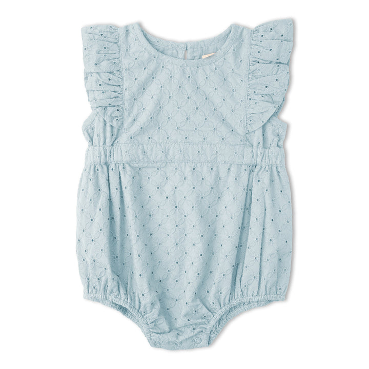 Baby in MakeMake Organics Light Blue Eyelet Romper - airy flutter sleeve organic infant one-piece