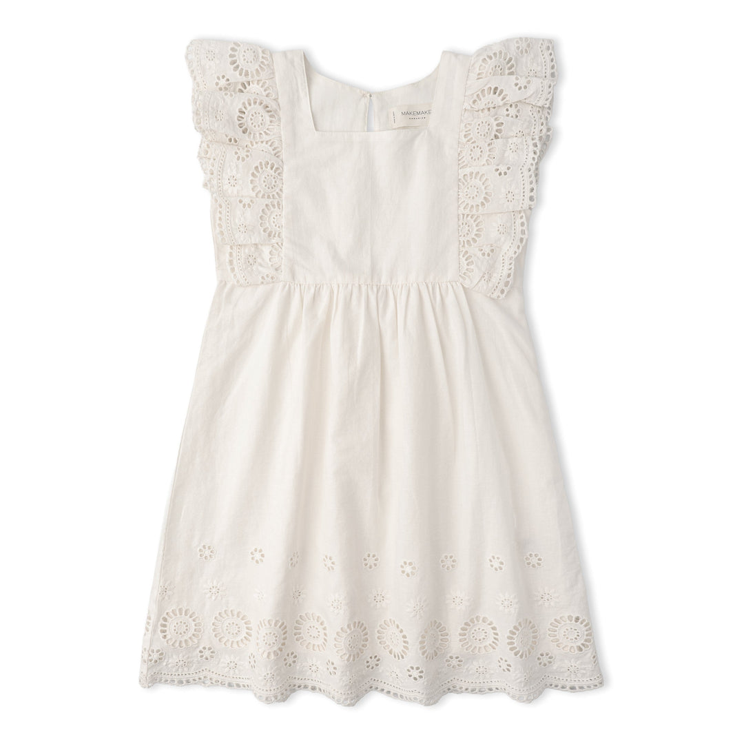 Baby in MakeMake Organics Ivory Eyelet Dress - GOTS certified timeless organic toddler dress
