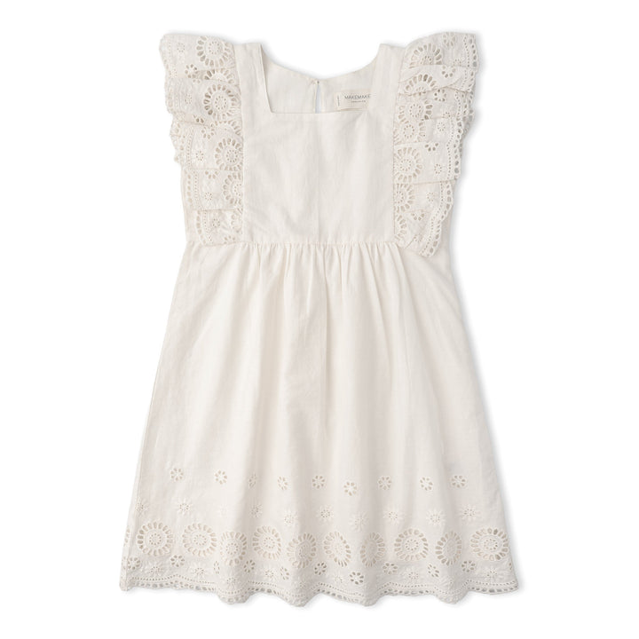 Baby in MakeMake Organics Ivory Eyelet Dress - GOTS certified timeless organic toddler dress
