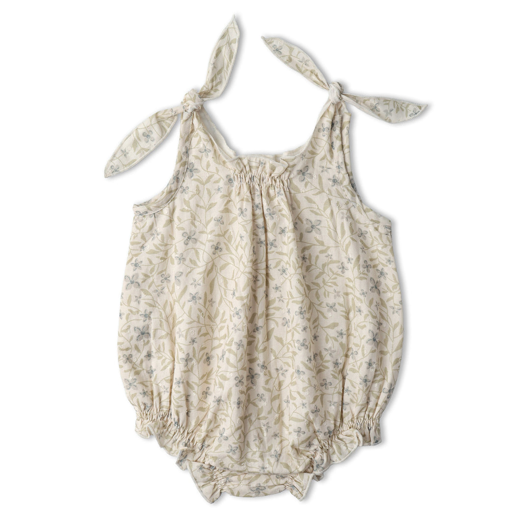 Baby wearing MakeMake Organics Bluebelle Tie Shoulder Romper - GOTS certified infant one-piece