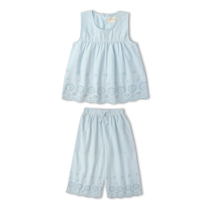 MakeMake Organics Light Blue Eyelet Top and Pant Set - GOTS certified organic cotton toddler outfit
