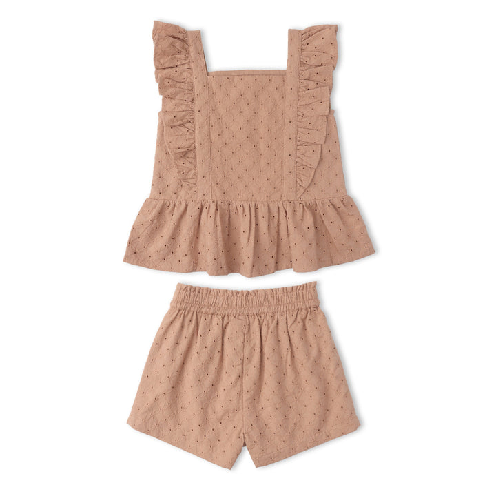 Toddler in MakeMake Organics Clay Eyelet Set - GOTS certified organic eyelet toddler separates