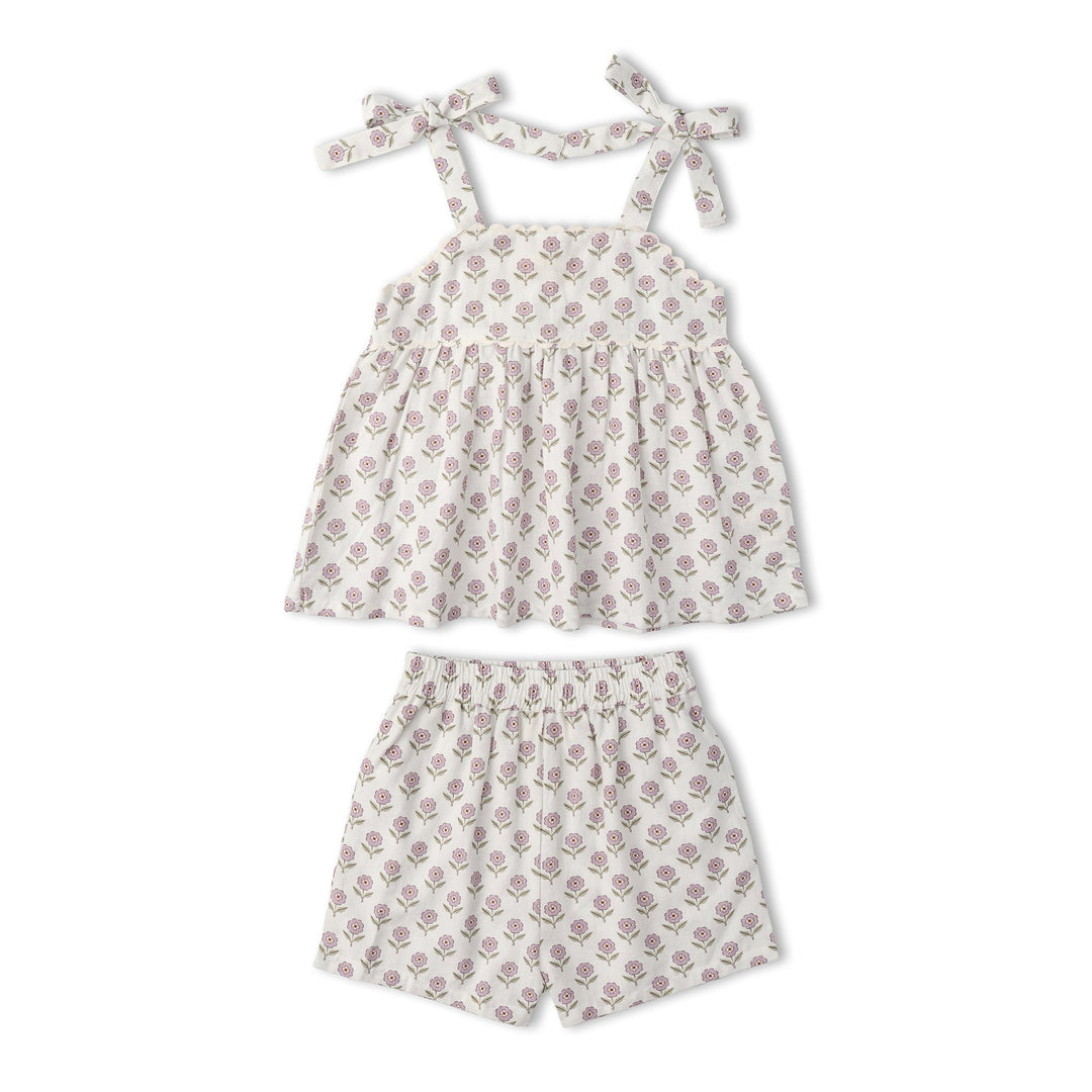 Toddler in MakeMake Organics Lavender Tie Up Set - organic cotton boho tie-front toddler outfit