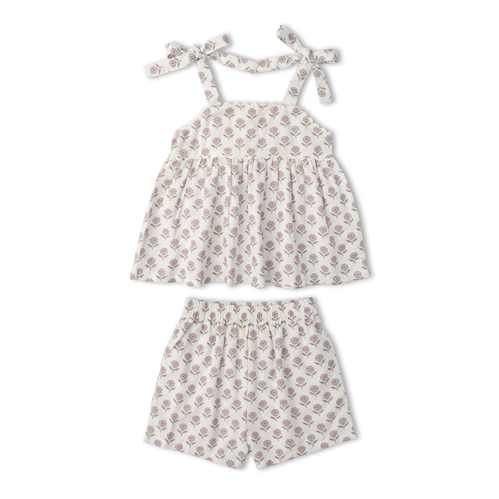 Toddler in MakeMake Organics Lavender Tie Up Set - organic cotton boho tie-front toddler outfit