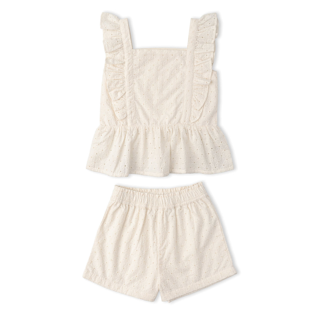 Toddler wearing MakeMake Organics Ivory Eyelet Flutter Set - organic cotton eyelet toddler outfit