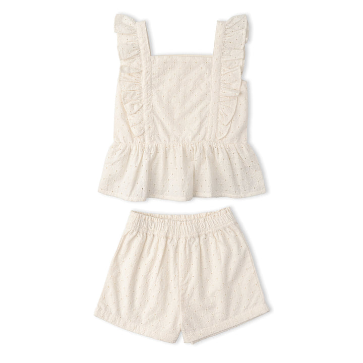 Toddler wearing MakeMake Organics Ivory Eyelet Flutter Set - organic cotton eyelet toddler outfit