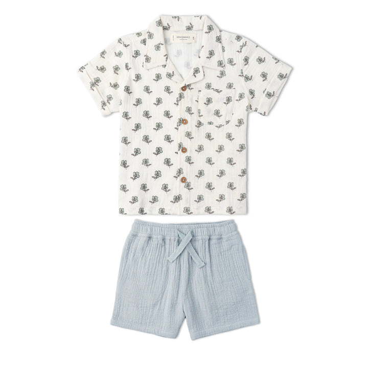Toddler wearing MakeMake Organics Poppy Shirt Shorts Set - organic cotton button shirt toddler set