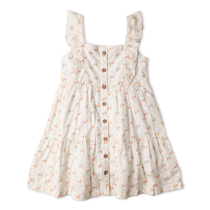 Baby wearing MakeMake Organics Spring Weave Tiered Dress - GOTS certified flutter toddler dress