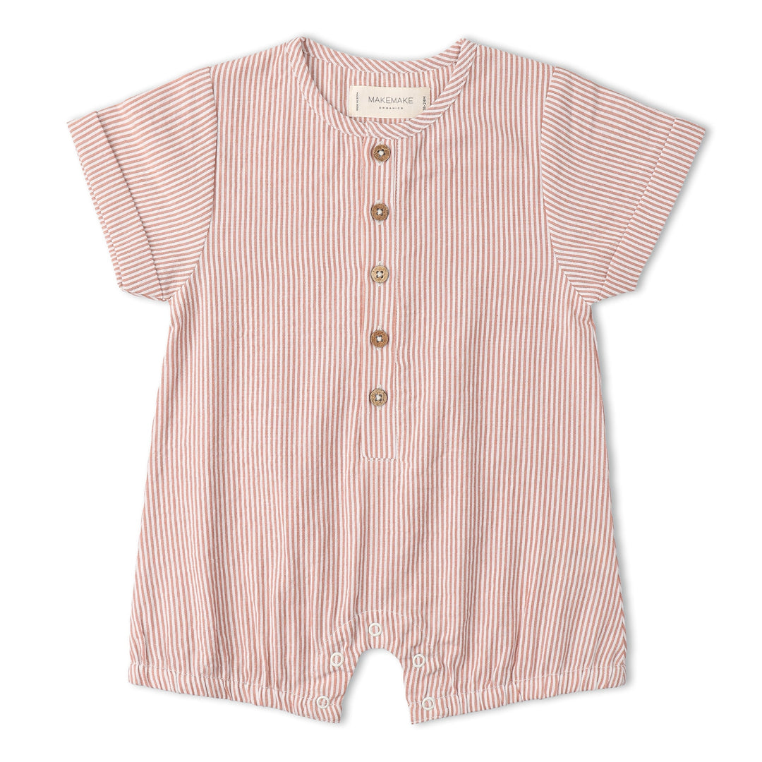 Baby in MakeMake Organics Coral Stripe Bubble Romper - GOTS certified seersucker infant one-piece