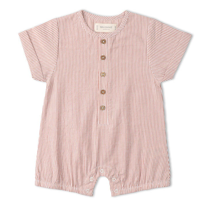 Baby in MakeMake Organics Coral Stripe Bubble Romper - GOTS certified seersucker infant one-piece