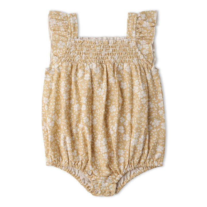 Baby in MakeMake Organics Yellow Blossom Ruffle Romper - GOTS certified ruffled infant one-piece